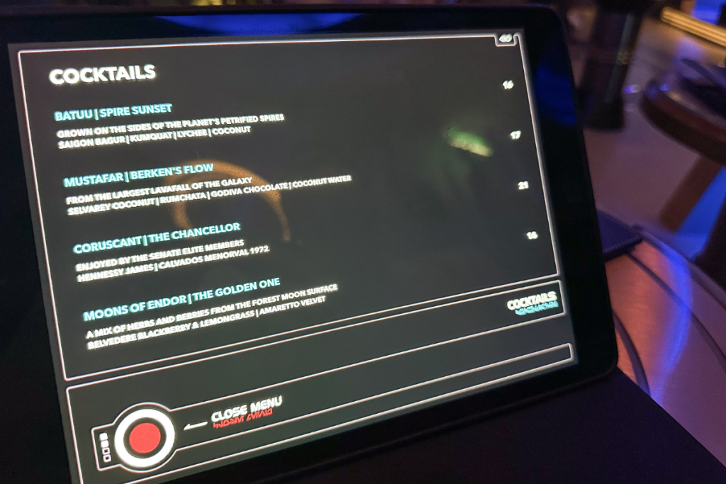 Cocktails Page of the Hyperspace Lounge Menu on the Disney Wish