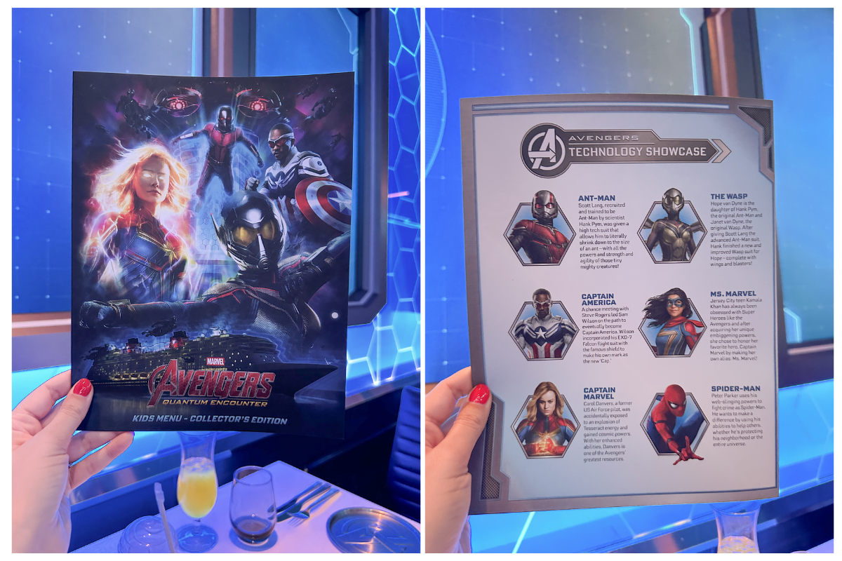 Cover and Inside of the Worlds of Marvel Kids Menu on the Disney Wish