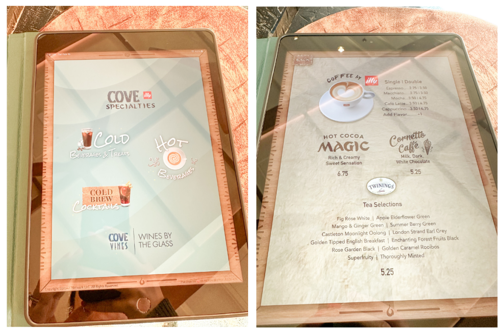 Cover of the Cove Cafe Drinks with Caffeine Menu on the Disney Wish