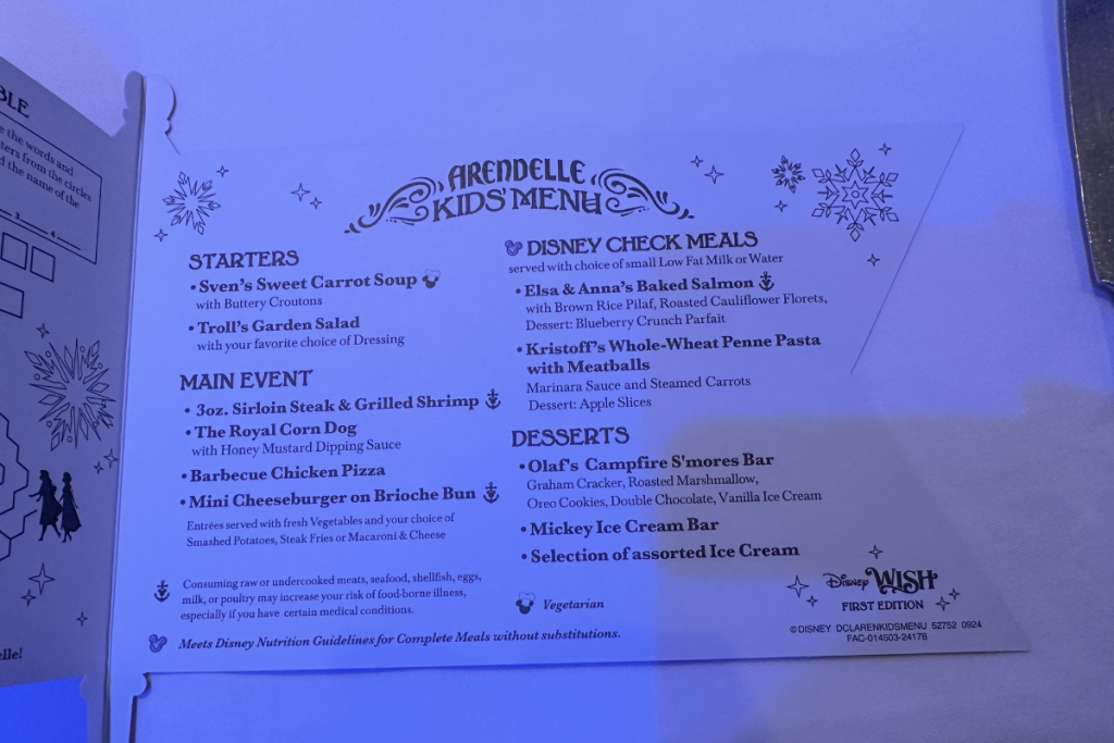 Disney Wish Cruise Ship Kids Menu at Arendelle