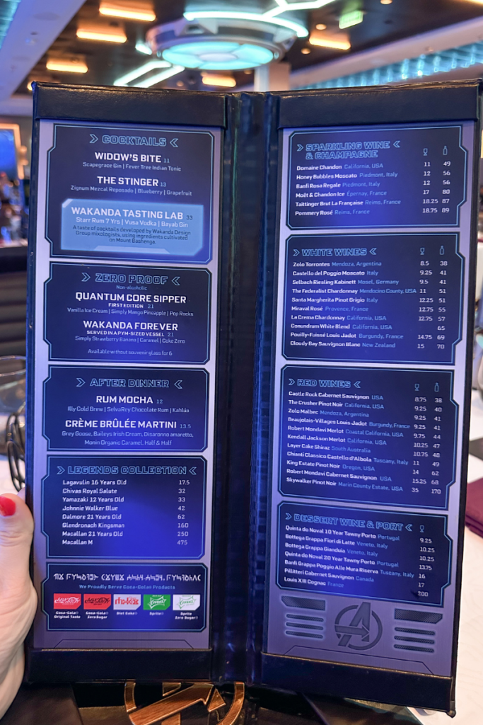 Drinks Menu at World of Marvel on the Disney Wish