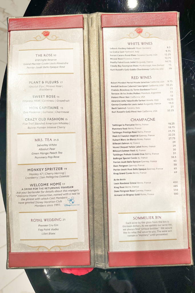 Drinks menu from The Rose on the Disney Wish