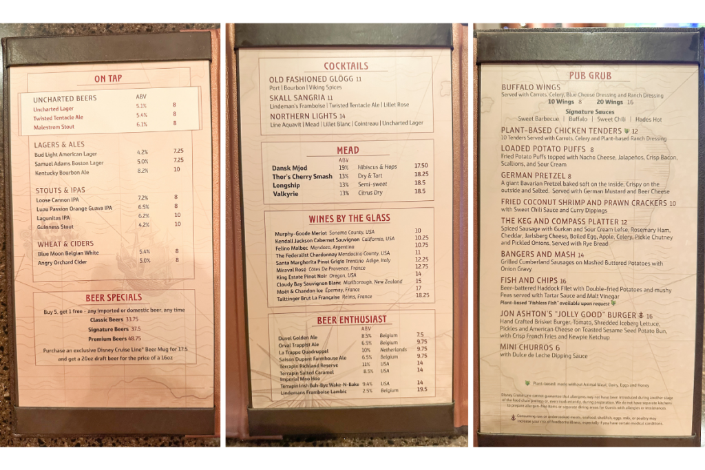 Keg & Compass Drinks Menu on the Disney Wish