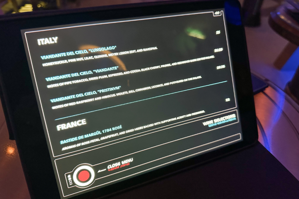 Wine Page of the Hyperspace Lounge Menu on the Disney Wish