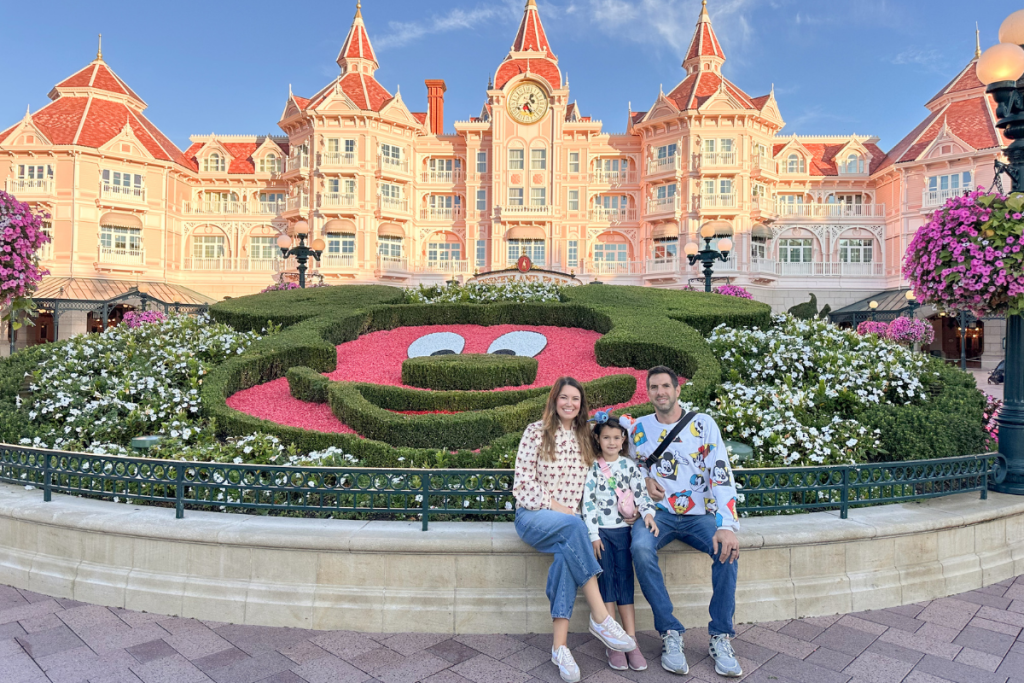 Family Photo by the Mickey Flowers Entrance in Disneyland Paris